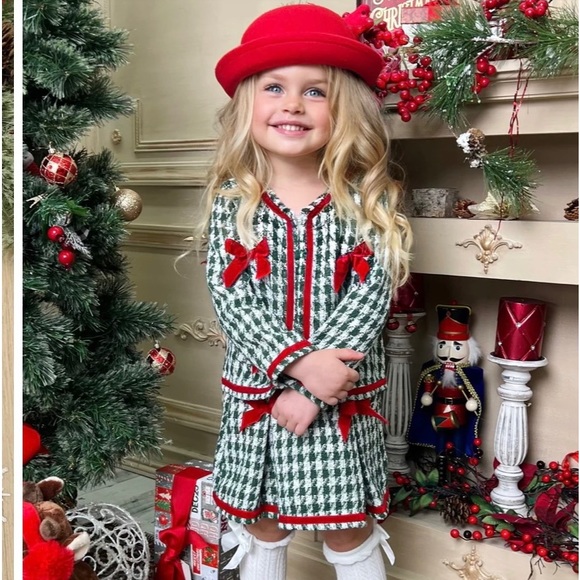 Christmas Matching Outfit Blazer & Pleated Skirt Set With Bows - Picture 2 of 13